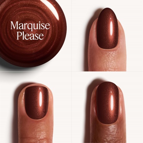 A dark red nail polish with a glossy finish, and a logo with the words "Marquise Please".
