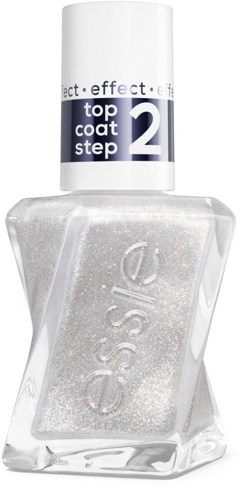 En genomskinlig nagellackflaska med vitt glitter, märkt topplack steg 2, från Essie.