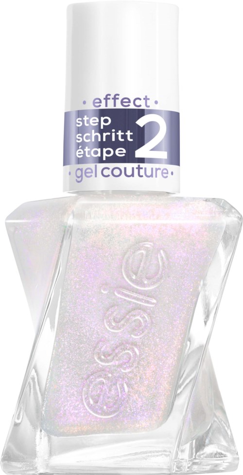 Clear nail polish with iridescent shine in a square bottle, labeled 'step 2' for a nail gel effect.