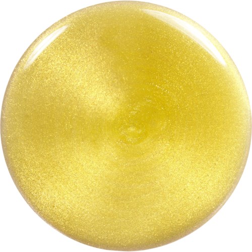 A shiny, round, gold-colored object with a slight shadow and reflective surface.