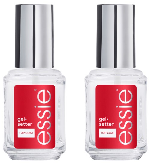 To flasker med klart gelneglelakk med røde etiketter og sølvlokker. Merket er "essie" og "gel setter."
