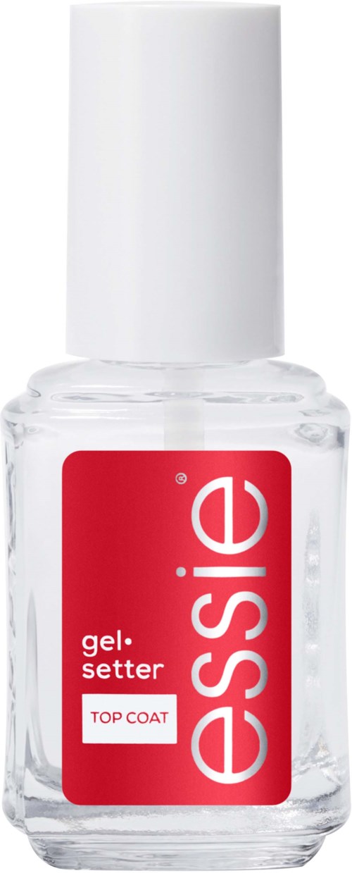 A clear nail polish bottle with a red label reading "essie" and "gel setter TOP COAT". The bottle has a white cap.