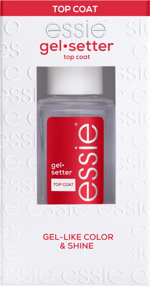 A small bottle of Essie gel setter top coat nail polish inside a white and red box. The box features the Essie logo and product description.