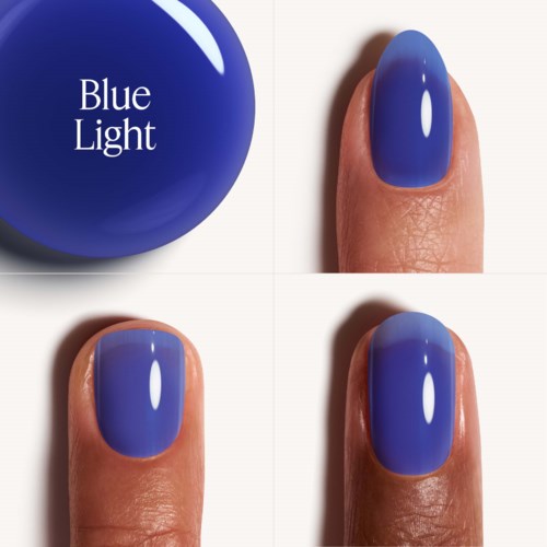 A blue nail polish swatch and a nail with the same blue polish on a finger.