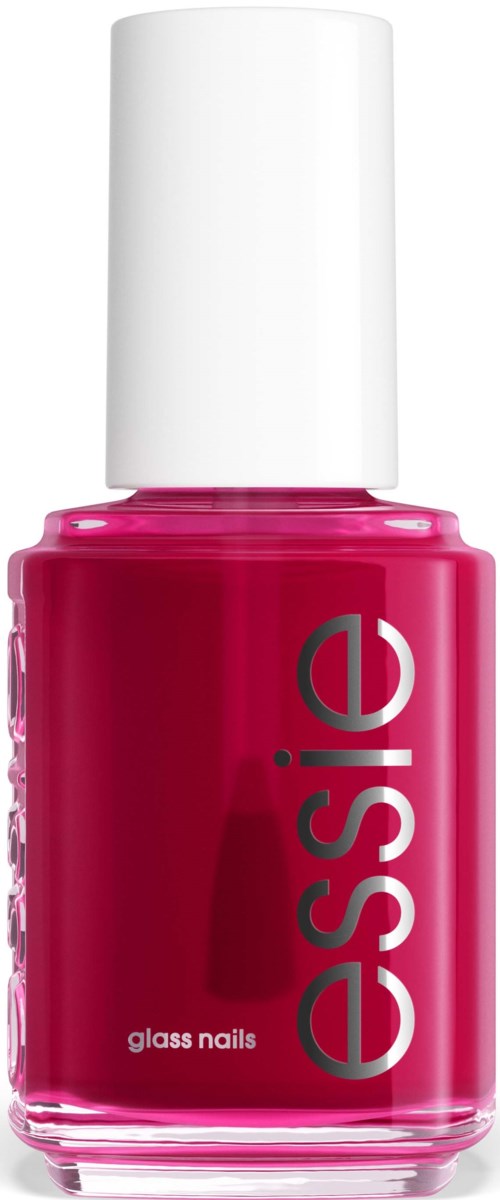 A bright pink glass nail polish bottle with a white cap, labeled 'essie' and 'glass nails'.