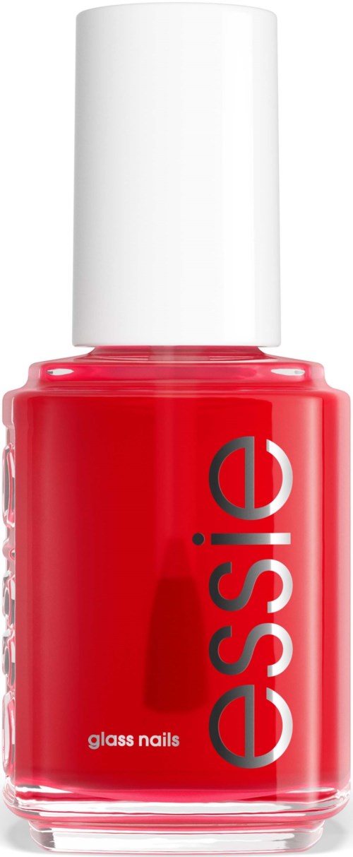 Red nail polish bottle with white cap, labeled 'essie' and 'glass nails.'