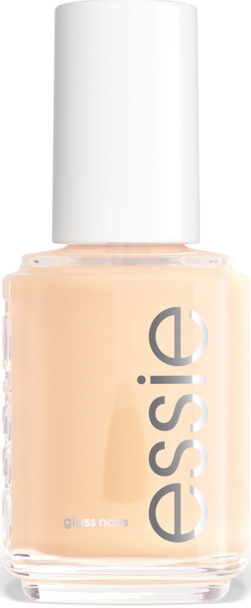 A bottle of beige nail polish with a white cap and 'essie' written on it.