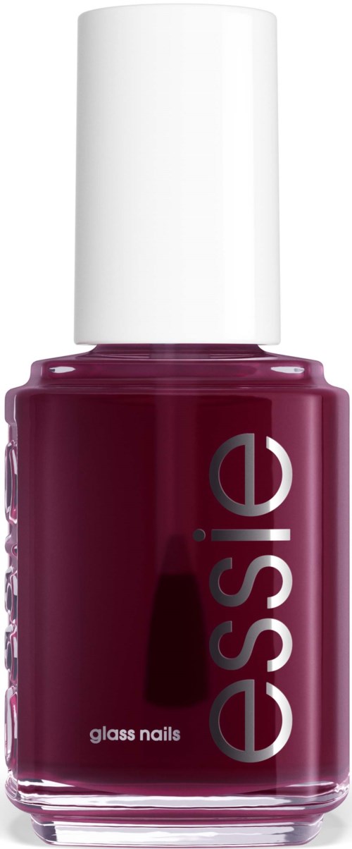 A bottle of dark red nail polish with a white cap and the words "glass nails" on it.