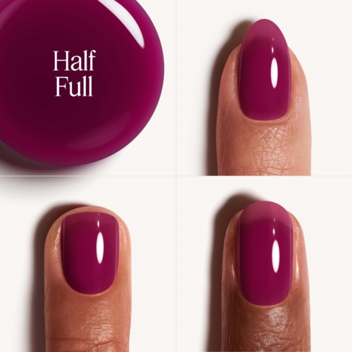 A purple nail polish bottle next to a finger with painted nails, showing different angles of the nails.