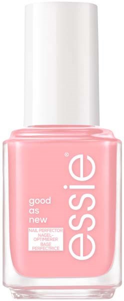 A pink nail polish bottle with a white cap and white text that says 'essie' and 'good as new.'