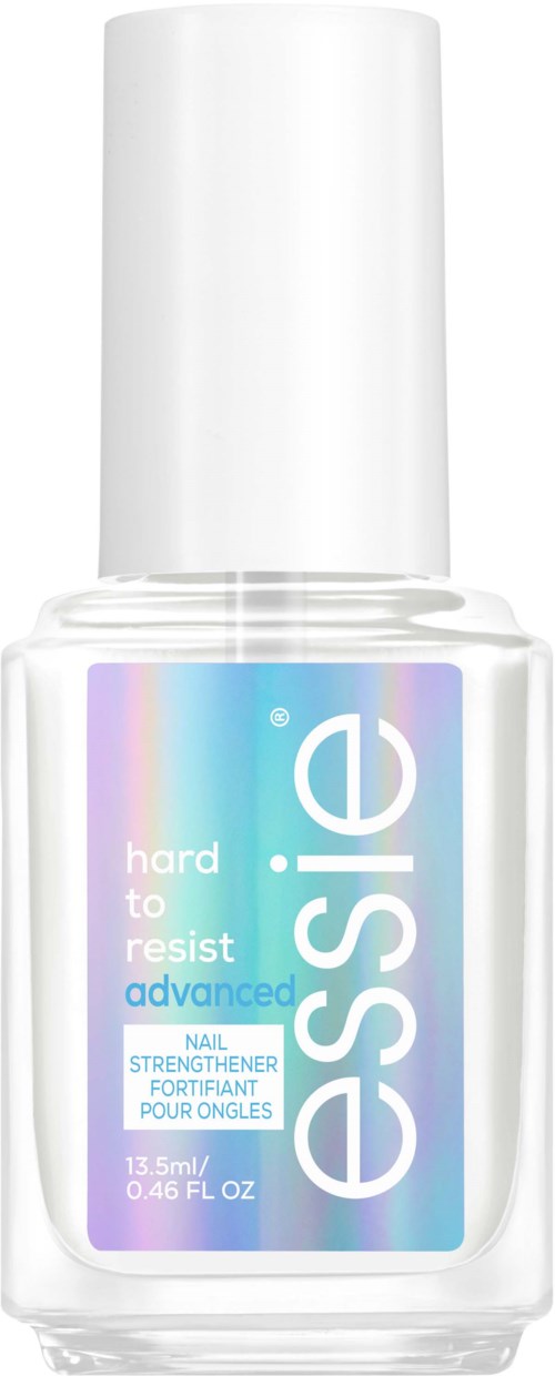 A clear nail polish bottle with a white cap and a blue and white label that says 'eessic.'