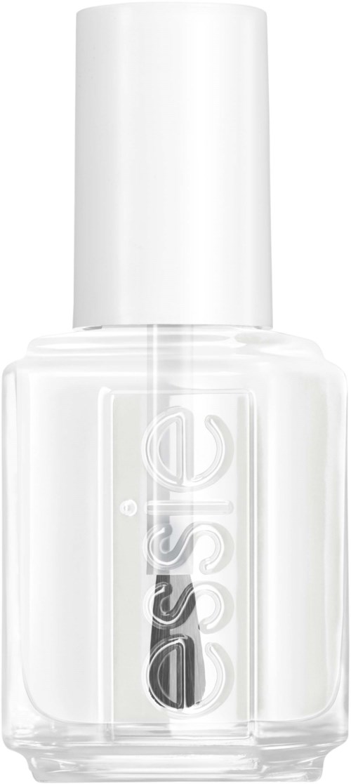 A clear nail polish bottle with a white cap and black text on the front.