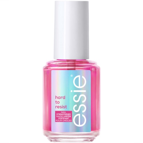 A pink bottle of gel nail polish with a white cap and colorful label. The brand is Essie, and it says 'hard to resist.'