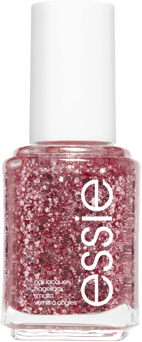 Pink nail polish with glitter in a clear bottle and a white cap.