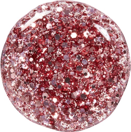 A spherical glittery object filled with red and silver sparkling particles.