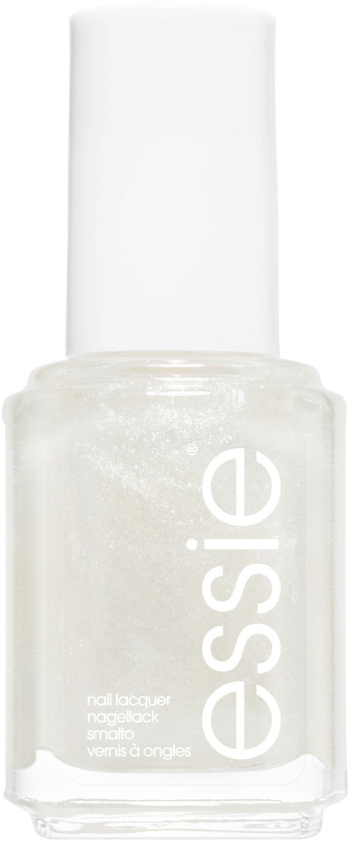 Eine weiße Nagellackflasche mit dem Wort "essie" geschrieben vertikal.