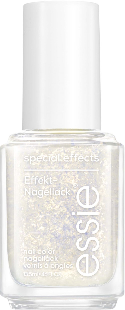 A clear nail polish bottle with white cap and white glitter inside. The brand name 'essie' is on the label.