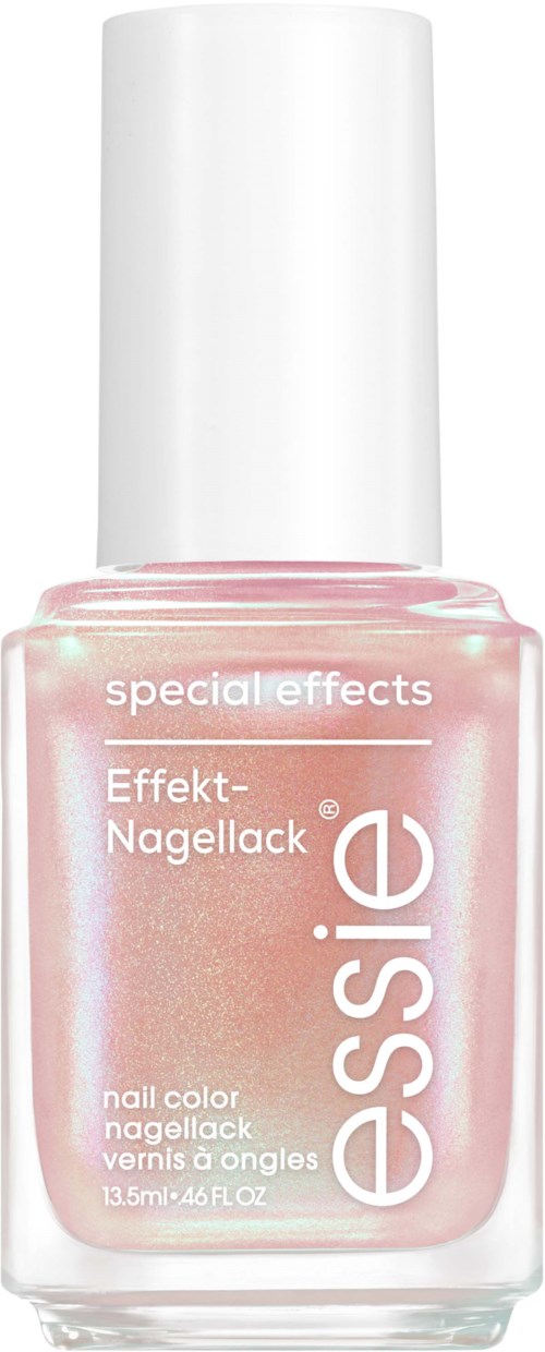 A bottle of pink nail polish from Essie with white cap, labeled 'special effects' and 'Effekt-Nagellack'.