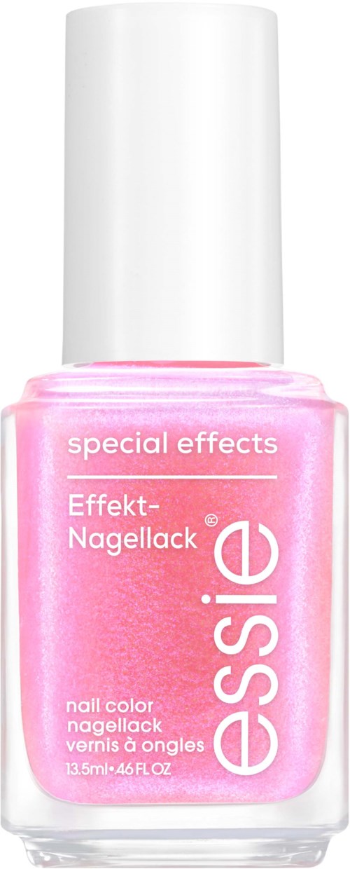 Pink nail polish bottle with white cap, labeled 'essie special effects'.