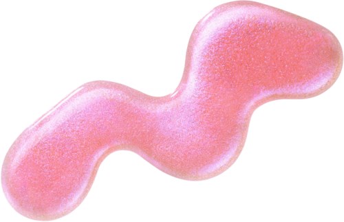 A pink, curved, bean-shaped soft gummy candy with a shiny surface.