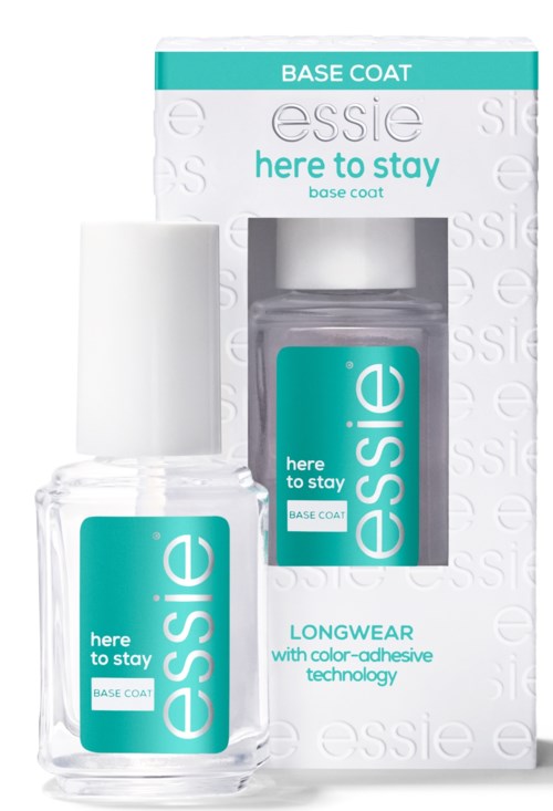 Essie nail polish bottle and box with teal labels, designed for long wear and color-adhesive technology.