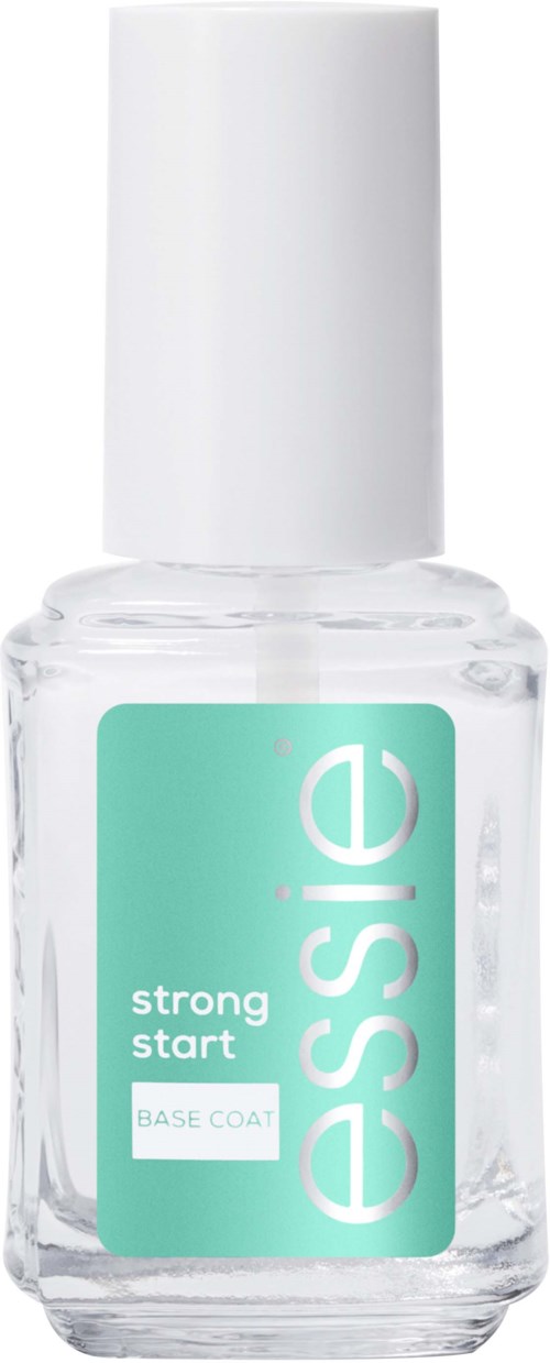 A clear nail polish bottle with a turquoise label saying 'essie,' 'strong start,' and 'base coat' with a white cap.