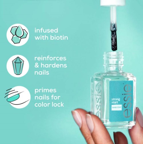 Nail polish bottle with a dropper, labeled as strengthened with biotin, reinforcing nails, and curing for color lock.