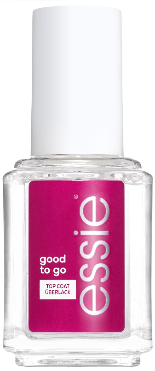 A clear nail polish bottle with a white cap, pink label says 'essie' and 'good to go'.