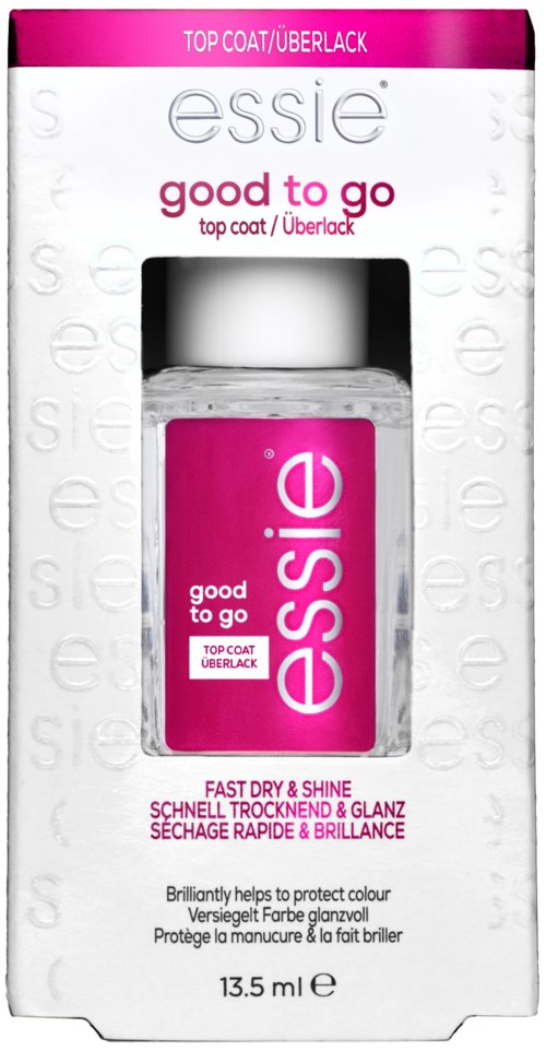 A nail top coat bottle is in packaging with white and pink colors. The label says 'essence good to go' for quick dry shine.