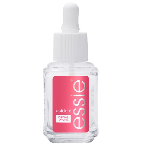 A small clear bottle with a dropper cap, pink label says 'Essie' and 'Drying Drops' in white letters.