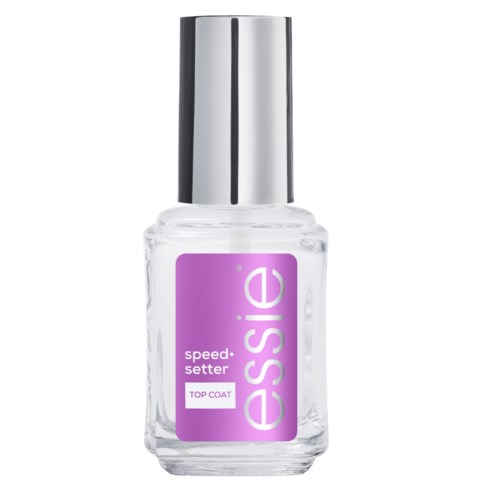 A clear nail polish bottle with a purple label and silver cap. The label says 'essence speed-setter TOP COAT.'