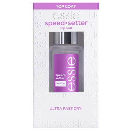 A clear bottle with purple label and silver cap, inside a white box with pink and purple text about nail top coat.