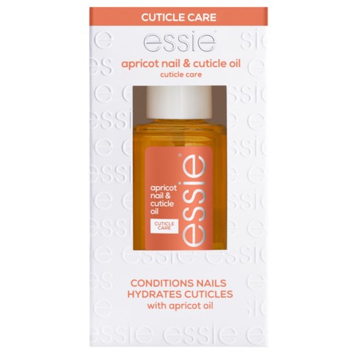 A small orange bottle labeled 'essie' contains apricot nail and cuticle oil, designed for nail care and hydration.