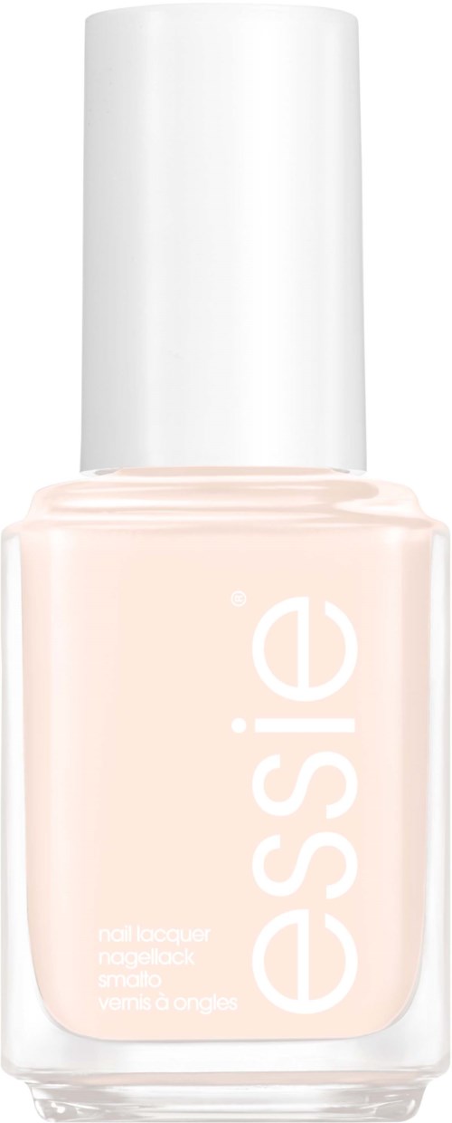 A light pink nail polish bottle with a white cap and the word 'essie' written vertically.