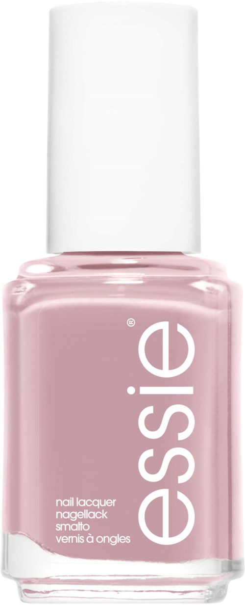 A bottle of pink nail polish with a white cap and the word "essie" written vertically.