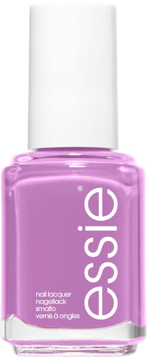 Pink nail polish bottle with a white cap, label says 'essence' and 'nail lacquer'.