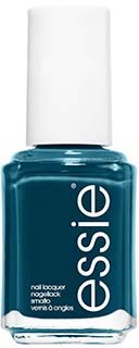 Blå nagellacksflaska med vit kork, märkt 'essie', står upprätt.