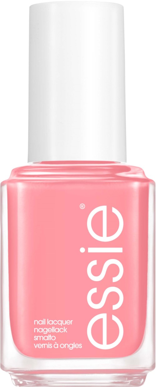 Pink nail polish bottle with a white cap and the word "essence" written vertically.