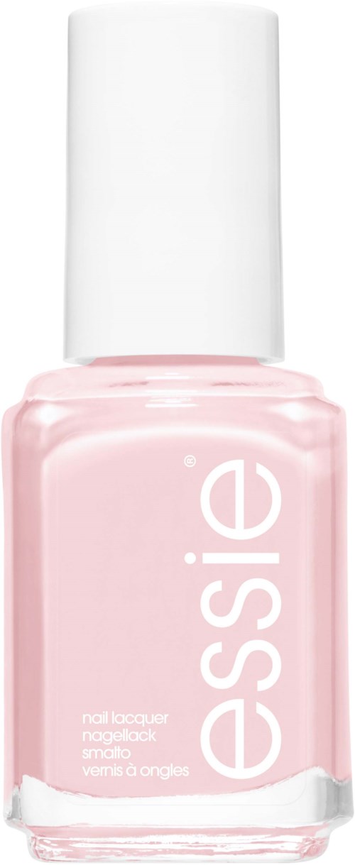 Pink nail polish bottle with white cap and large white "essie's" logo on the front.