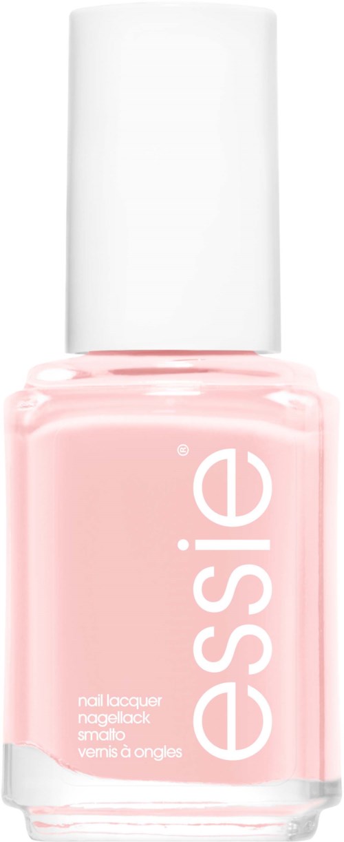 A pink nail polish bottle with a white cap, labeled 'essie's' and 'nail lacquer'.