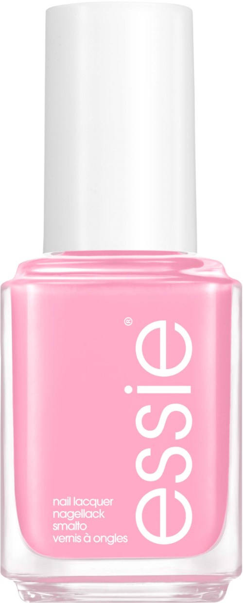 Pink nail polish bottle with a white cap and the word 'essence' written vertically.