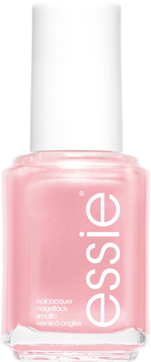 A pink nail polish bottle with a white cap and the word 'essence' written vertically on the front.