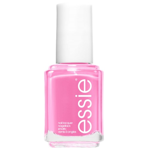 A bottle of pink nail polish with a white cap, brand name 'essie' written on it.