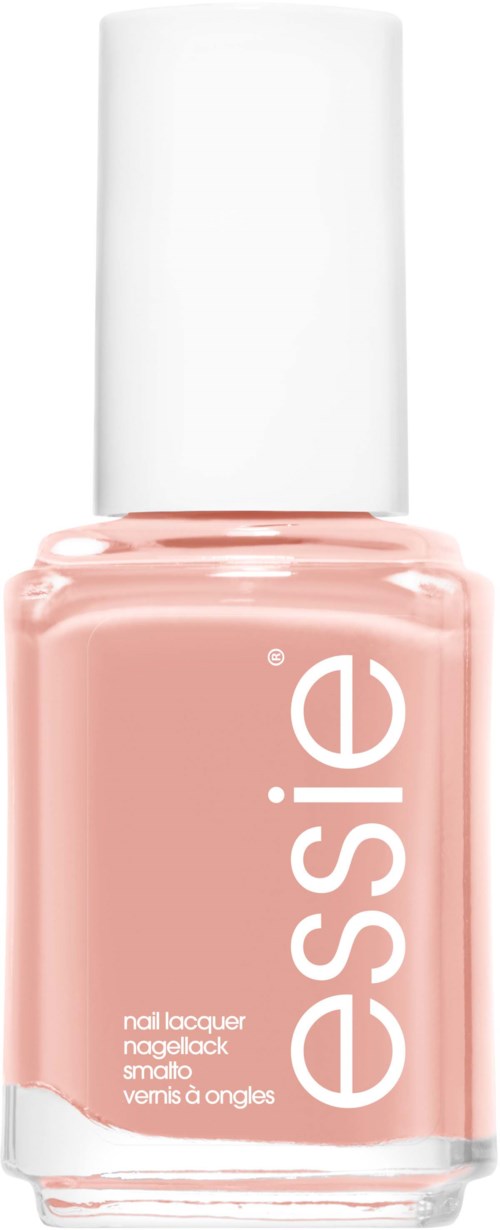 Een lichtroze nagellakfles met een witte dop en het woord "essie" geschreven verticaal.