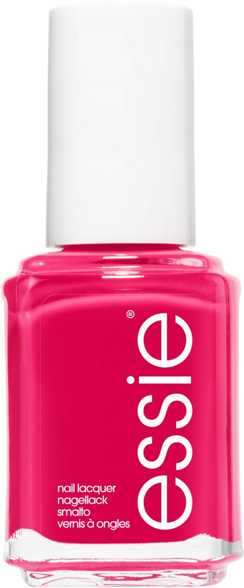 A bright pink nail polish bottle with a white cap and the word "essie" on the front.