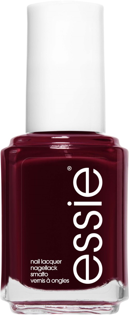 A bottle of deep red nail polish with a white cap, labeled 'essie's' brand.