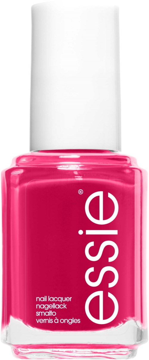 A bright pink nail polish bottle with a white cap and the brand name 'essie' written vertically.