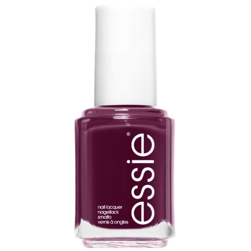 A bottle of purple nail polish with a white cap, labeled 'essence' in white text.