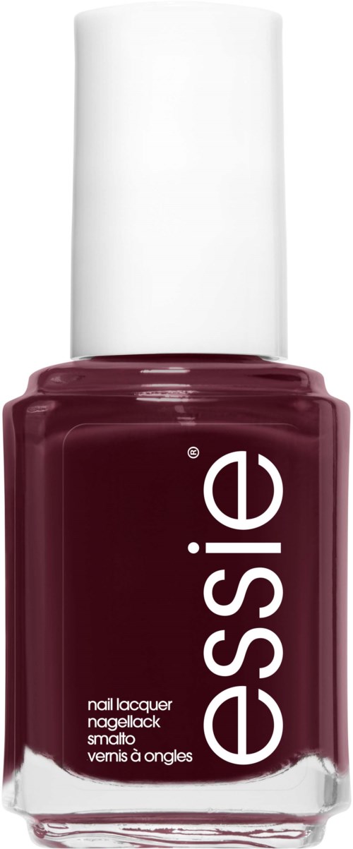 En flaska med mörkröd nagellack med vit kork och vit text som säger "essence".