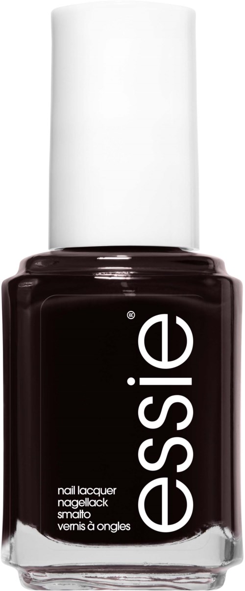 A dark nail polish bottle with a white cap and the brand name 'essie' written vertically.